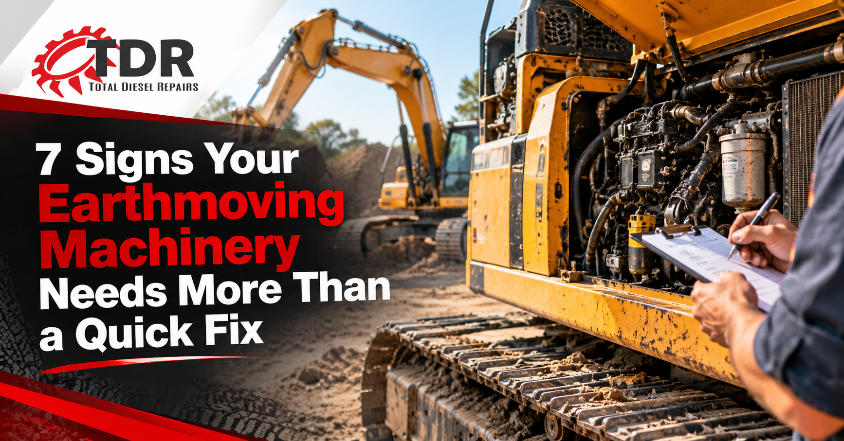 Earthmoving machinery being inspected for signs of serious mechanical repair